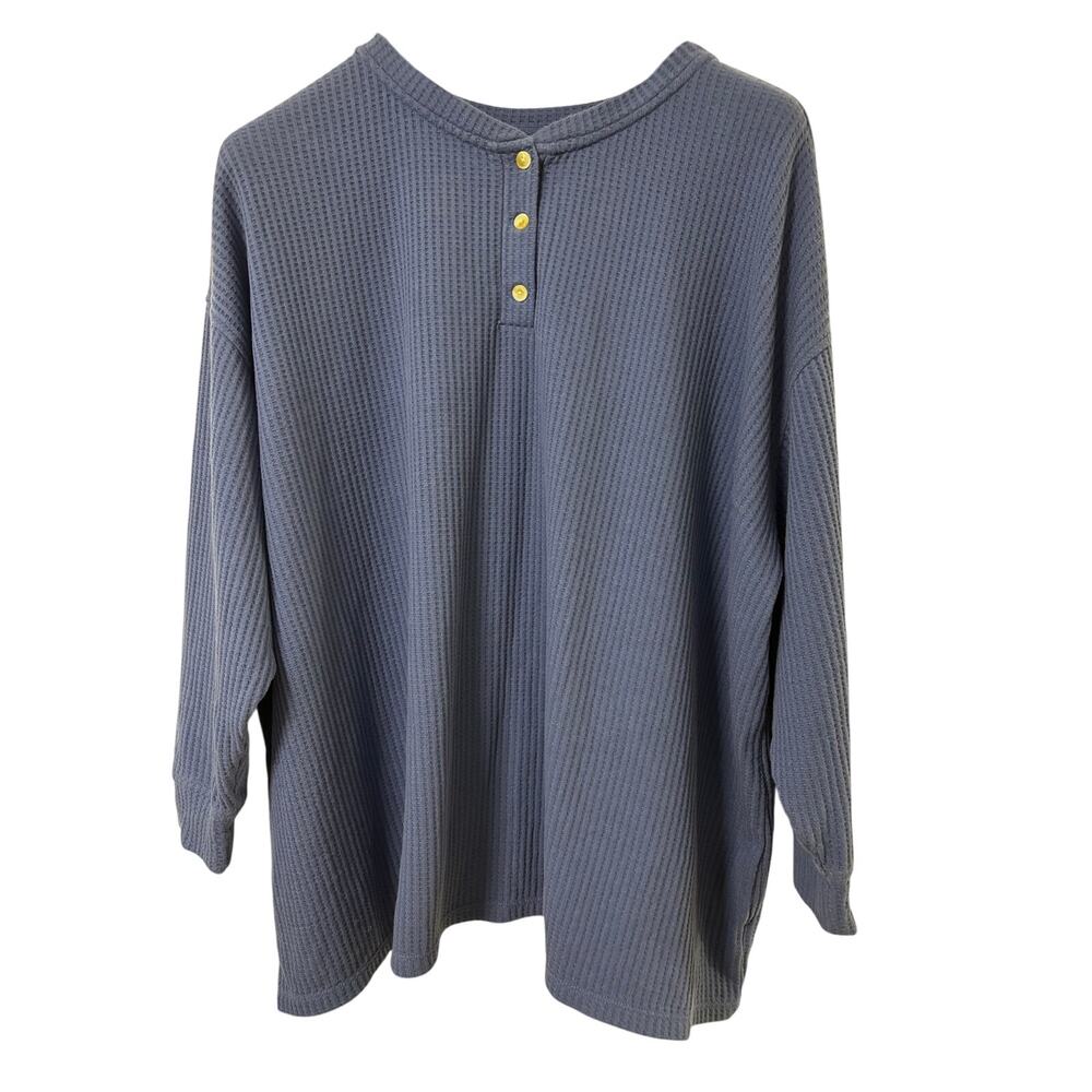 Old Navy Womens 4X Blue Waffle Knit Henley Shirt Long Sleeve Thermal Top Plus